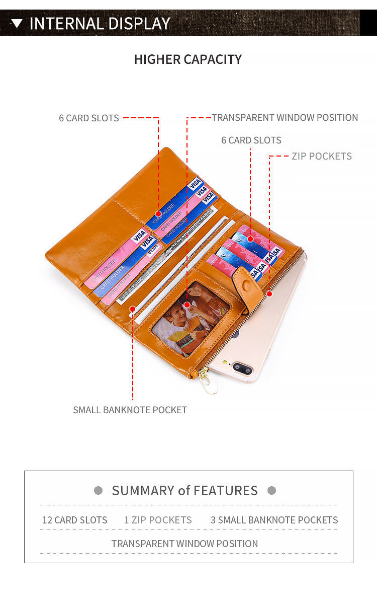 Women's Real Leather Long Multiple Card Slots Hand-held Retro Oil Wax Skin Coin Purse
