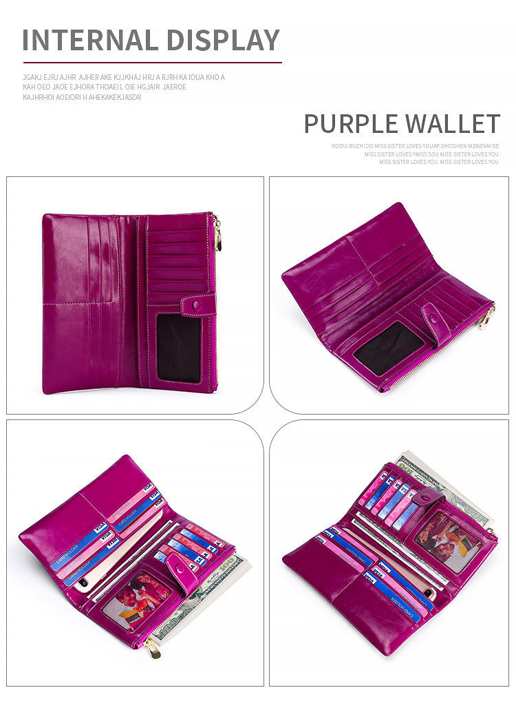 Women's Real Leather Long Multiple Card Slots Hand-held Retro Oil Wax Skin Coin Purse