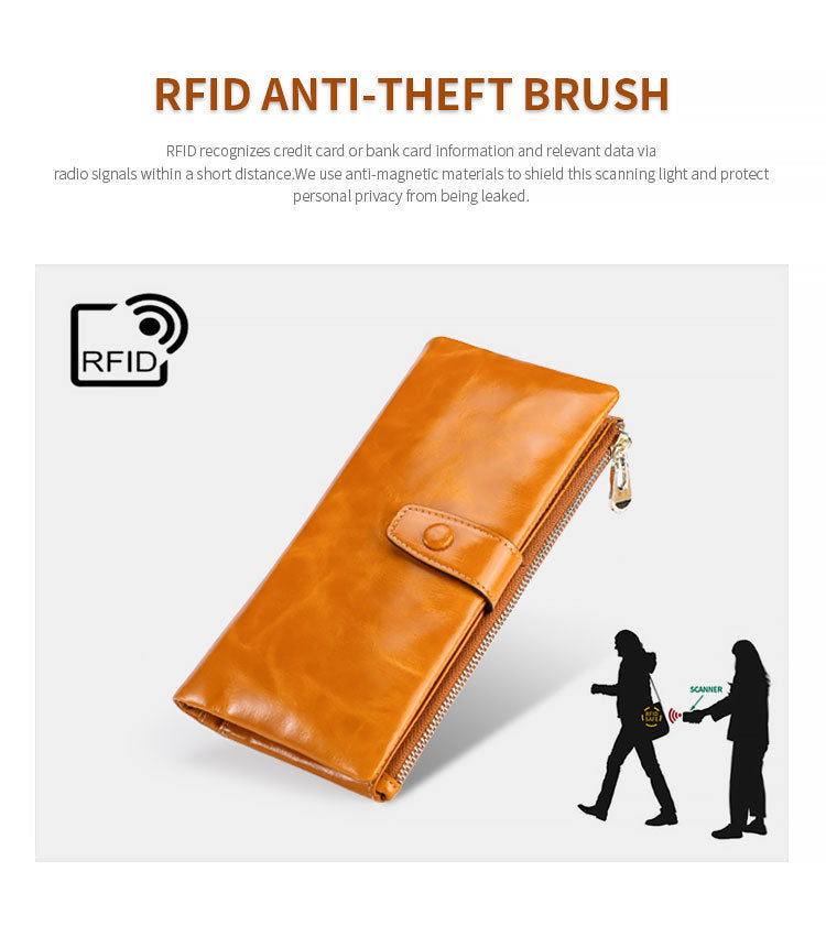 Women's Real Leather Long Multiple Card Slots Hand-held Retro Oil Wax Skin Coin Purse